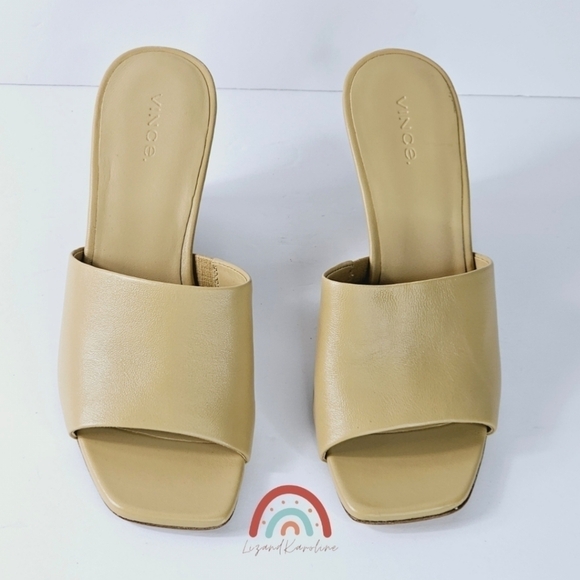 New! Vince Pia Leather Square Toe Stacked Wedge Heel Sandals in Blonde - Picture 7 of 10